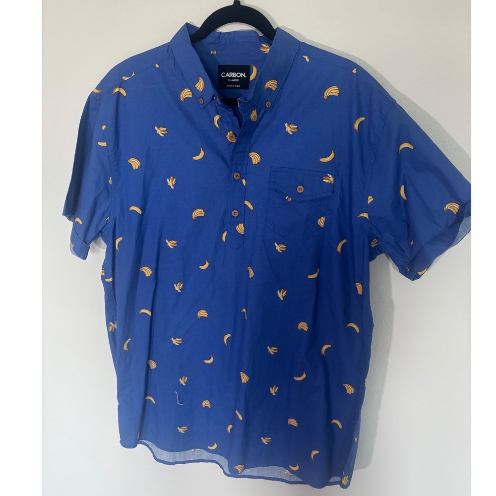 Carbon Mens XL Blue Banana Print Short Sleeve Button Down Popover Shirt